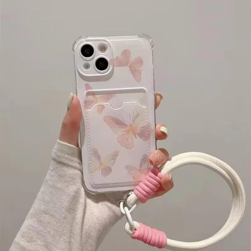 Butterfly Card Holder Pocket With Lanyard Case For Samsung Galaxy S25 Edge S23 S24 S25 Ultra S22 S21 Plus S20 FE Cover Cute Soft