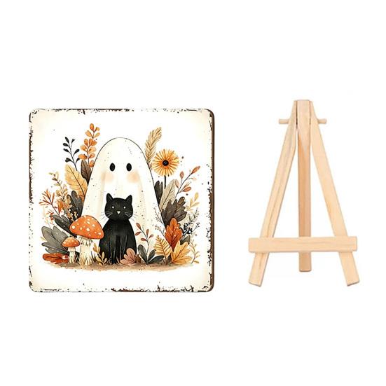 Holiday Gift for Autumn Lovers Halloween Wood Tabletop Sign with Mini Easel, Cute Pumpkin Ghost Decorative Plaques Cafe Plaque, Rustic Ornament