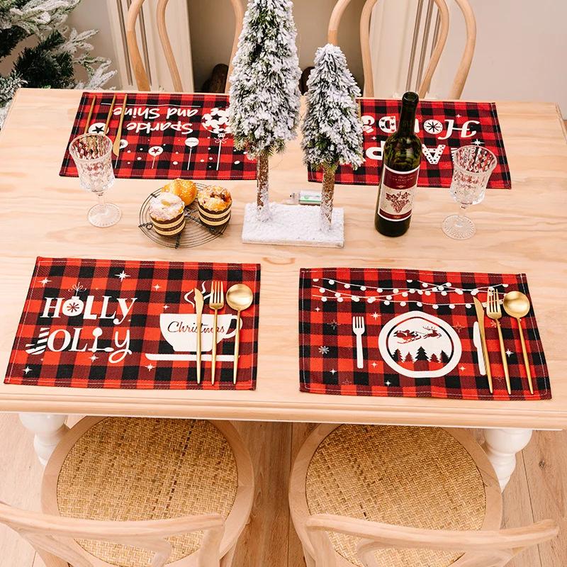 Christmas Placemats Table Mats Plaid Snowflake Santa Claus Coaster Pad Cup Dining Kitchen Placemat Non-Slip Home Decorations