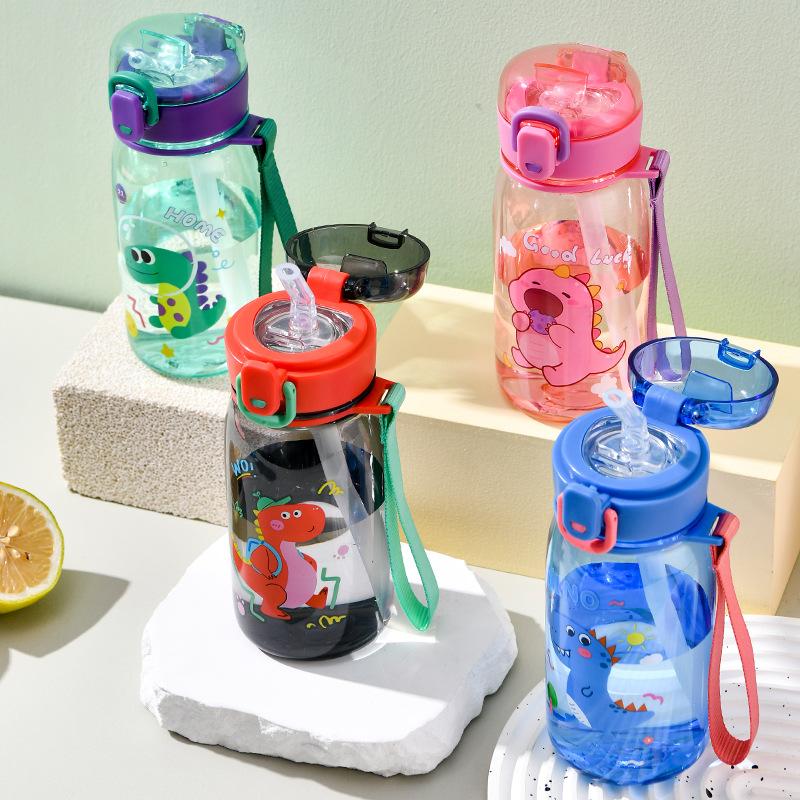 Water bottle new children's small dinosaur straw water cup for boys and girls high value cartoon cute plastic cup portable