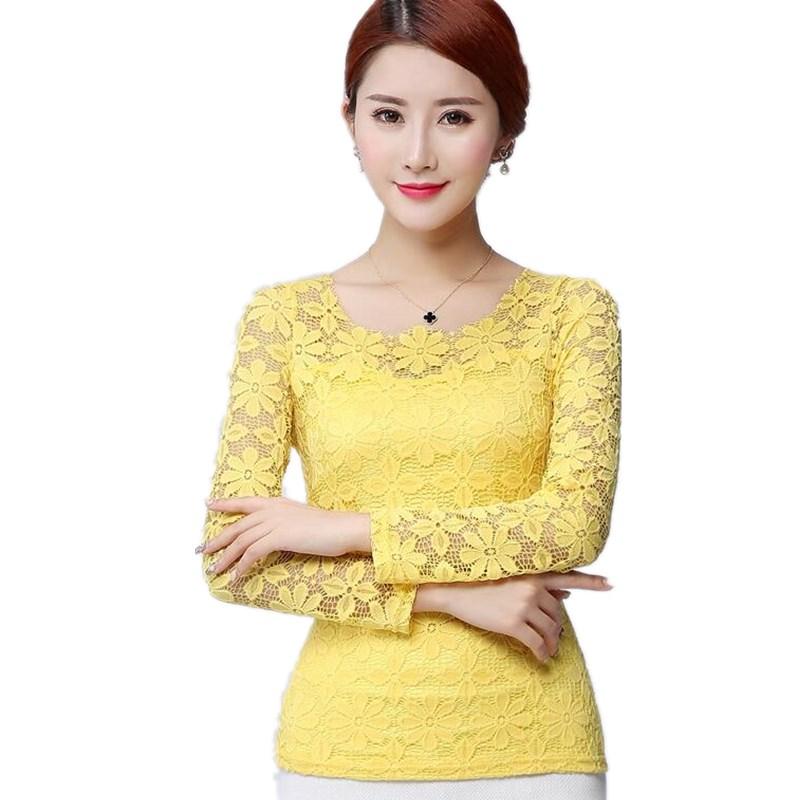 Women's form-fitting long-sleeved lace blouse with a feminine silhouette plus size clothing