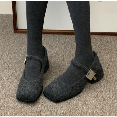 Spring Autumn Women's Luxury Party Shoes Medium Heel Retro Square Toe Velvet Mary Jane Shoes Flat Square Buckle Single Loafers