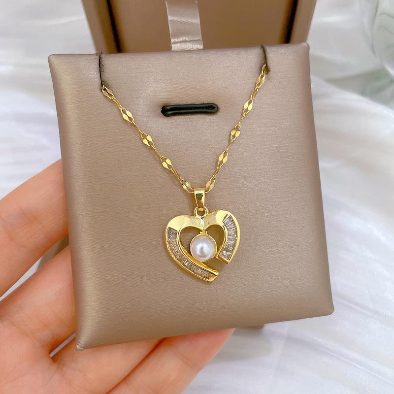 Classic Micro-inlaid Gorgeous Zircon Heart-shaped Stainless Steel Necklace Earrings Set Fashionable Girls Party Dinner Gift