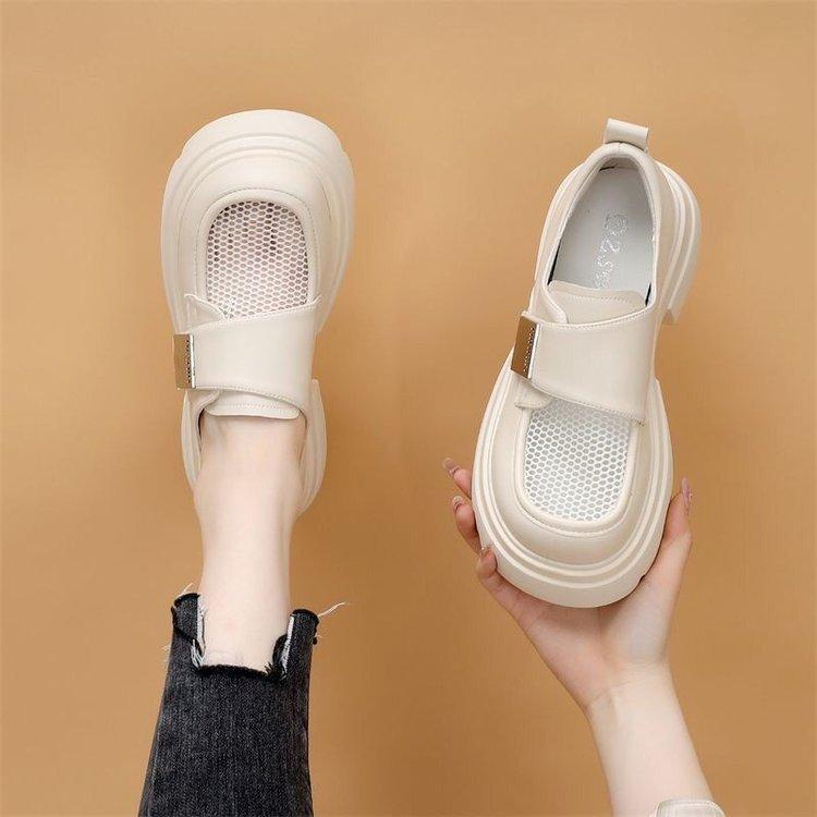 Breathable mesh work Breathable loafers women's 2025 summer new Velcro single shoes platform mesh small leather shoes