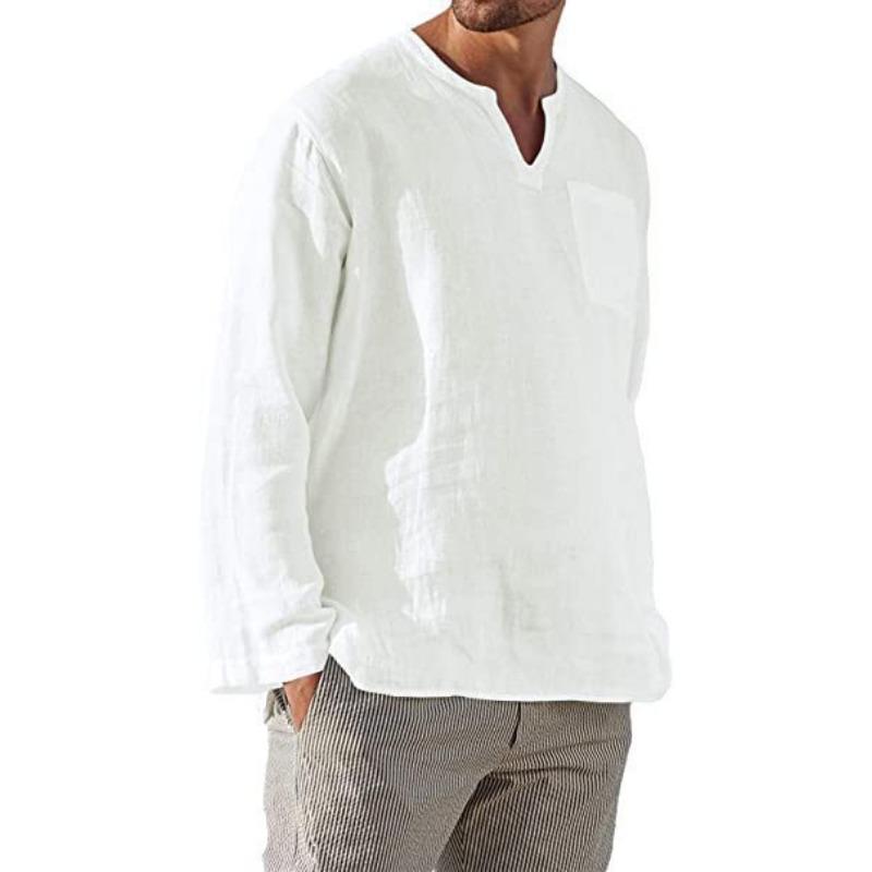 Amazon wish independent station Spring men's long-sleeved V-neck casual beach linen loose shirt men