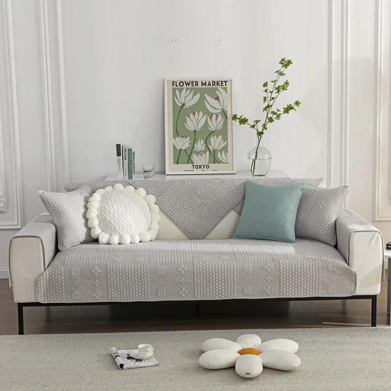 Pure Cotton Universal for All Seasons Sofa Cover Anti-slip Backside Cushion  Living Room Solid Color Stitch Fabric Art Couch Mat