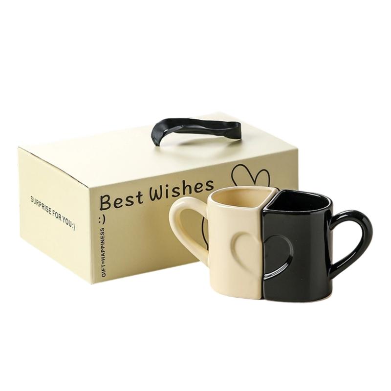 2-pack Hjärta Pussel Design Keramiska Muggar Bekvämt Handtag Kaffekopp för Par Romantiker Alla Hjärtans Dag Present