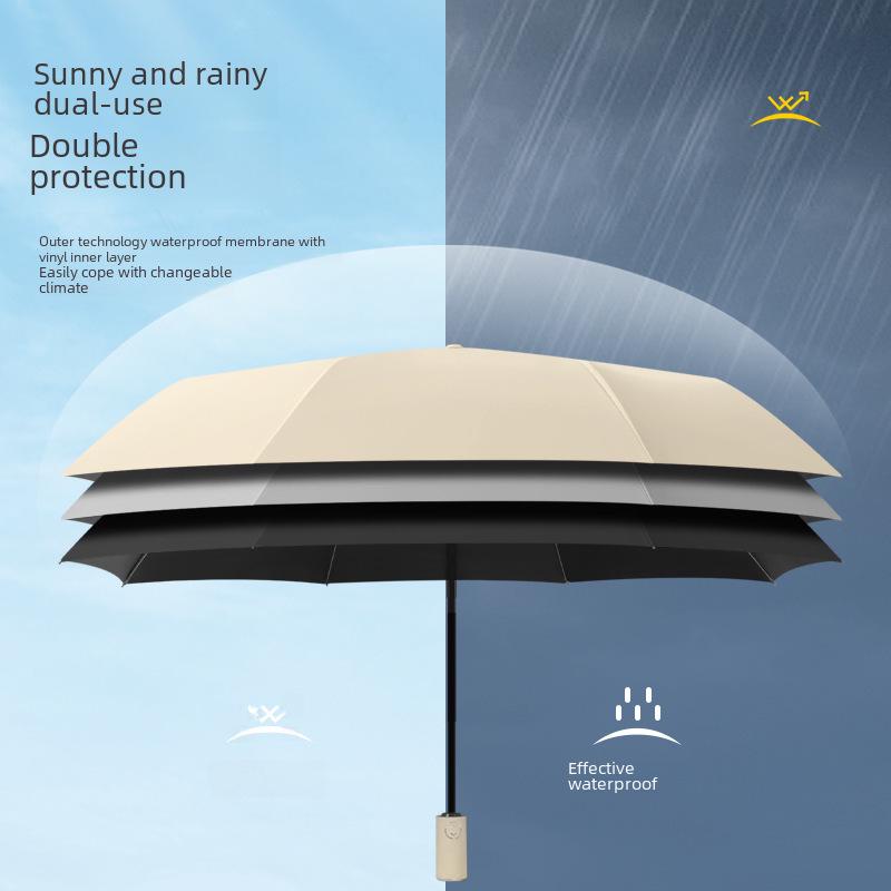 Black 16-Bone Automatic Three-Fold Dual-Purpose Umbrella for Sunny and Rainy Days - Large, Reinforced, Anti-Storm Design.