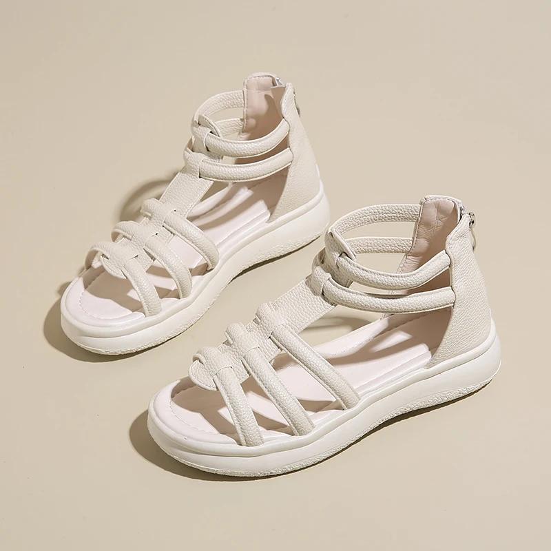 Fashion Girls Roman Sandals Open Toe Braided Solid Color High-top Simple Rivets New Summer Hollow Flat Casual Shoes Fashion Casual White