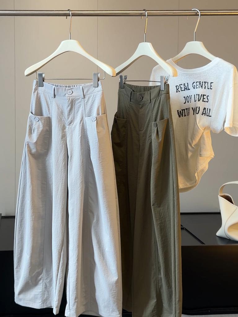 Women's High Waist Wide Leg Pants Loose Fit Korean Leisure Cargo Pants Solid Color Big Pocket Long Trousers