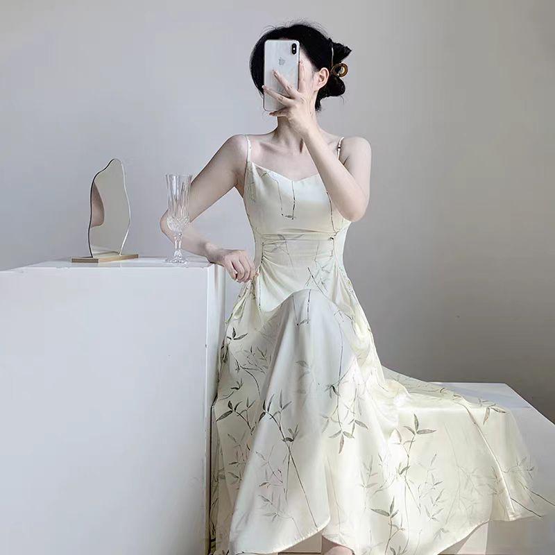 Chinese Ink Bamboo Print Spaghetti Strap Fairy Mori Girl Slimming Summer Dress