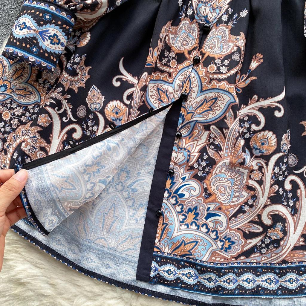 Frühling Herbst Kleider Frauen V-ausschnitt Laterne Lange Ärmel Floral Einreiher Hohe Taille Vintage Wunderschöne Party Mini Kleid Robe