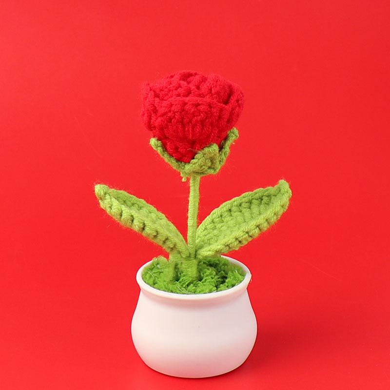 Finished Wool Crochet Rose Flower Potted Home Room Decoration Cute Handmade Knitting Potted Desktop Ornament Christmas Gifts