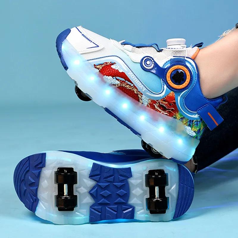 Children Four Wheels Luminous Glowing Sneakers Black Pink Led Light Roller Skate Shoes Kids Led Shoes Boys Girls USB Charging