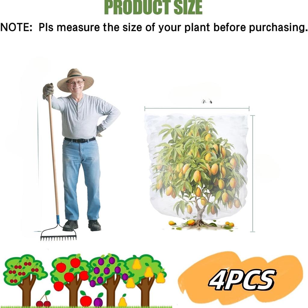 4PCS Bird Netting for Blueberry Bushes Fruit Trees Mesh Bag with Drawstring Garden Insect Netting Pest Barrier Plant Row Cover White Mosquito Net