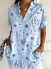 Women's Short Sleeve Watercolor Blue Floral Print Button Down Casual Shirt Elegant Daily Blouse Tops in Beige for Spring Summer