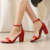 Lackleder Damen Sandalen Sommerschuhe Blockabsatz Peeptoe Pantoletten Knöchelriemen Schwarz Rot Party Tanz Hochzeitsschuhe Weiblich