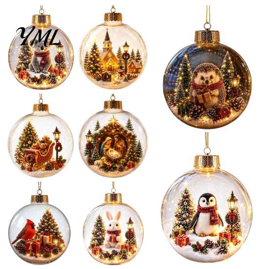 Creative Holiday Tree Embellishments Glowing Christmas Story Ornament, Light-Up Ball Hanging Decor with Warm LED Light, Miniature Scene Ornaments Mini