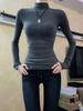 Damen Spicy American High Neck Rüschen Basis-Schicht Shirt - Herbst/Winter Einfarbig Eng Langarm Unterwäsche Top