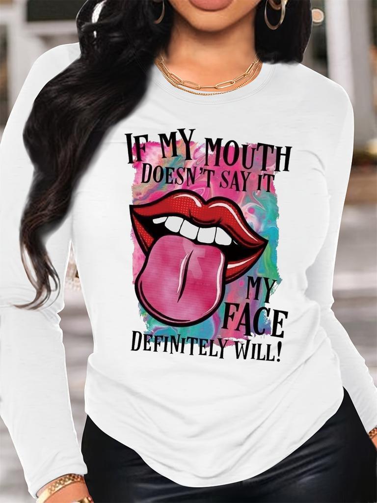 100% pure Polyester women's spring and autumn casual fashion long sleeved lip print letter graphic printed round neck T-shirt