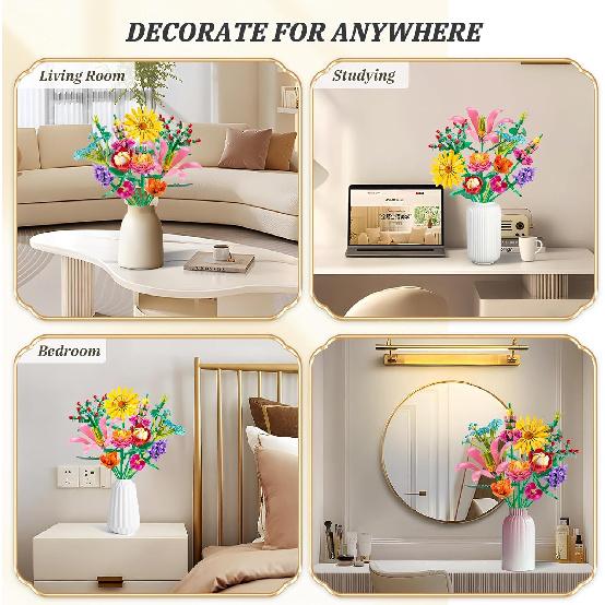 756 PCS Flower Bouquet Building Sets - 11 Kinds of Building Block Flowers, Botanical Collection Crafts Set for Home Office Decoration, Valentines Day