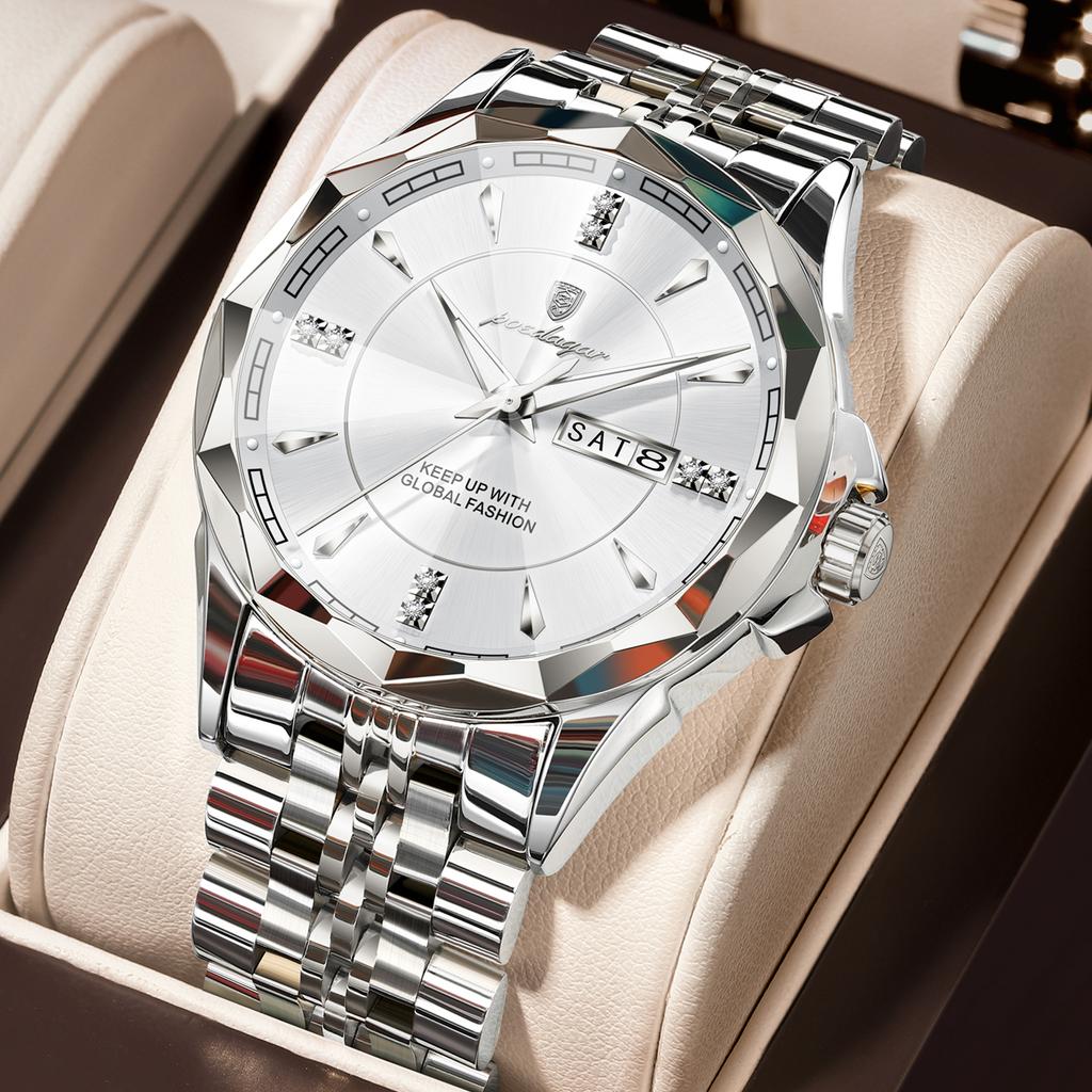 POEDAGAR Top Fashion Man Clock Business Waterproof Luminous Date Week Wristwatch Quartz Stainless Steel Casual Watches