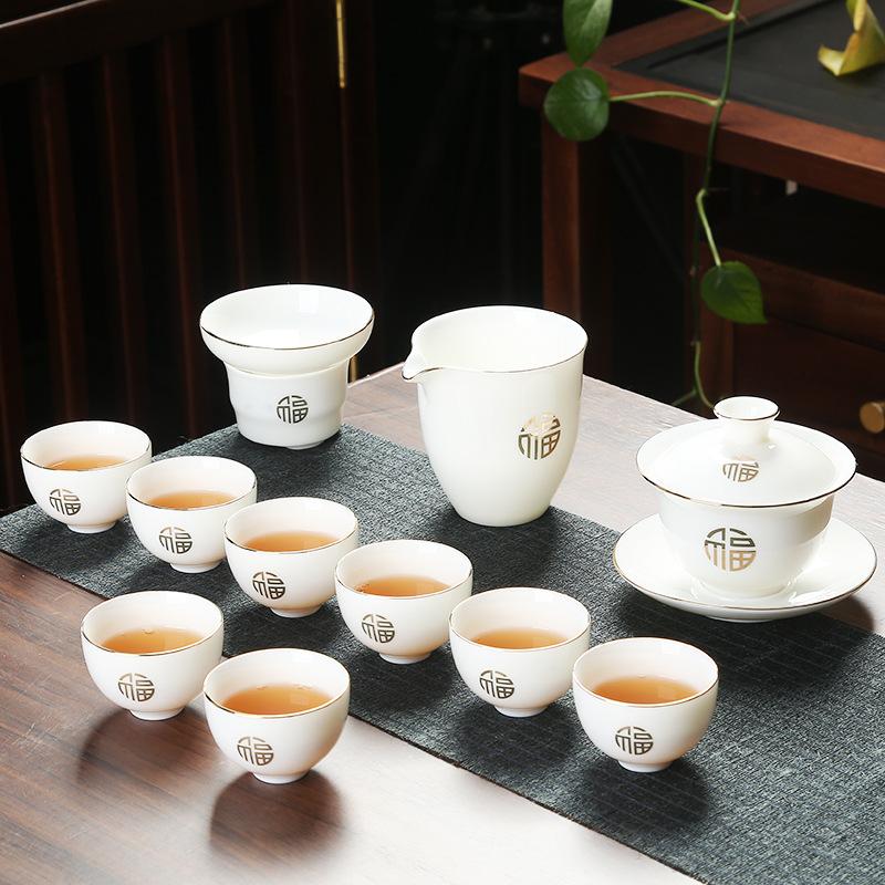 Company event business gifts, printed mutton fat jade porcelain Kung Fu tea set set, home gift gift