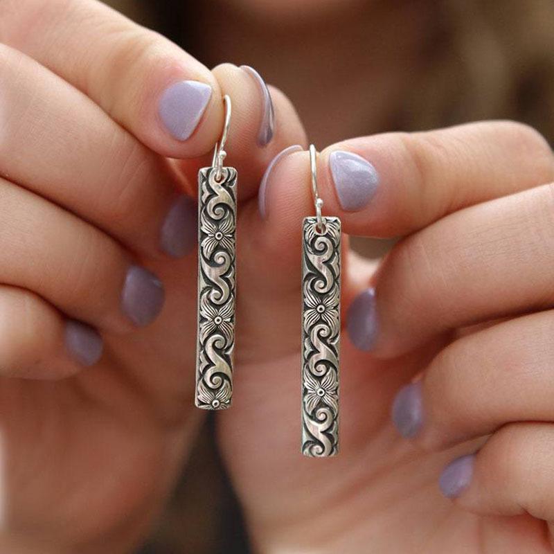 Geometric Engraved Pendant Earrings European and American Trend Antique Silver Ear Hook Earrings Women