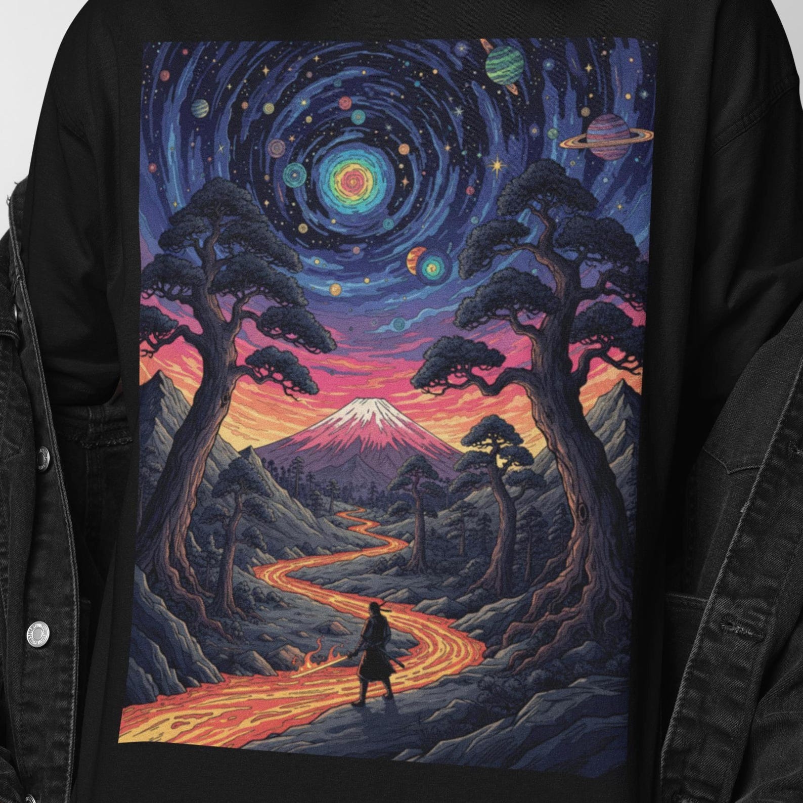 Cosmic Spiral Path T-Shirt | Psychedelic Apparel | Surreal Galaxy Landscape Art, Trippy Samurai Journey Fantasy Graphic Tee 3XL