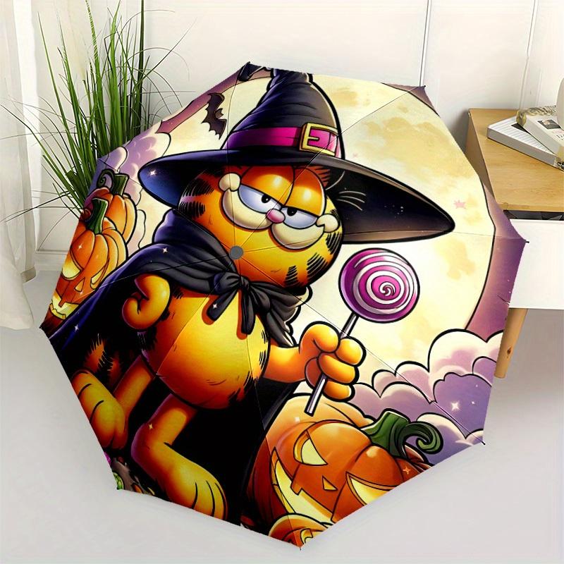 Garfield Halloween Automatisches Auf-/Zuklappbares Winddichtes Regenschirm, Tragbarer 3-fach Kompakter Regenschirm für Männer & Frauen, Perfektes Geschenk für Geburtstag, Chr