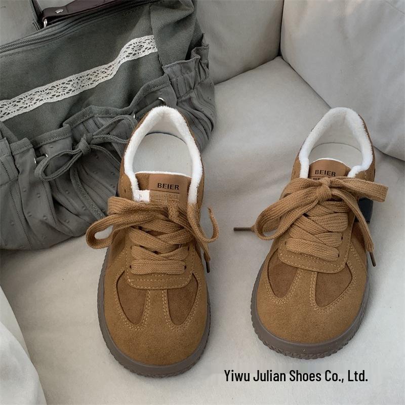 Jesień/Zima 2024 Retro Ciepłe Bawełniane Okrągły Nosek Wyściełane Futerkiem Buty Deskorolkowe Codzienne Niemieckie Trenery Buty Zimowe dla Kobiet i Mężczyzn