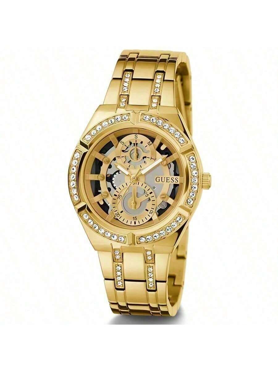 Женские кварцевые часы Guess с кристаллами, ремешок из нержавеющей стали, элегантные и романтичные, подходят для повседневного ношения, подарок для женщин GW0604L2 золотой