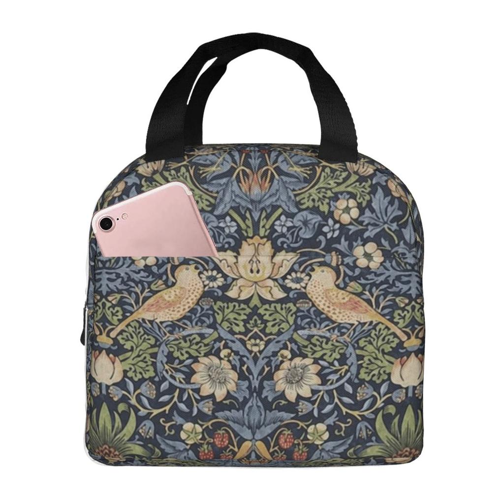 William Morris Strawberry Thief Rood Geïsoleerde Lunchtas voor Dames Kantoor Koeltas Thermische Voedseldoos Tote LekkendLunchboxenContainer