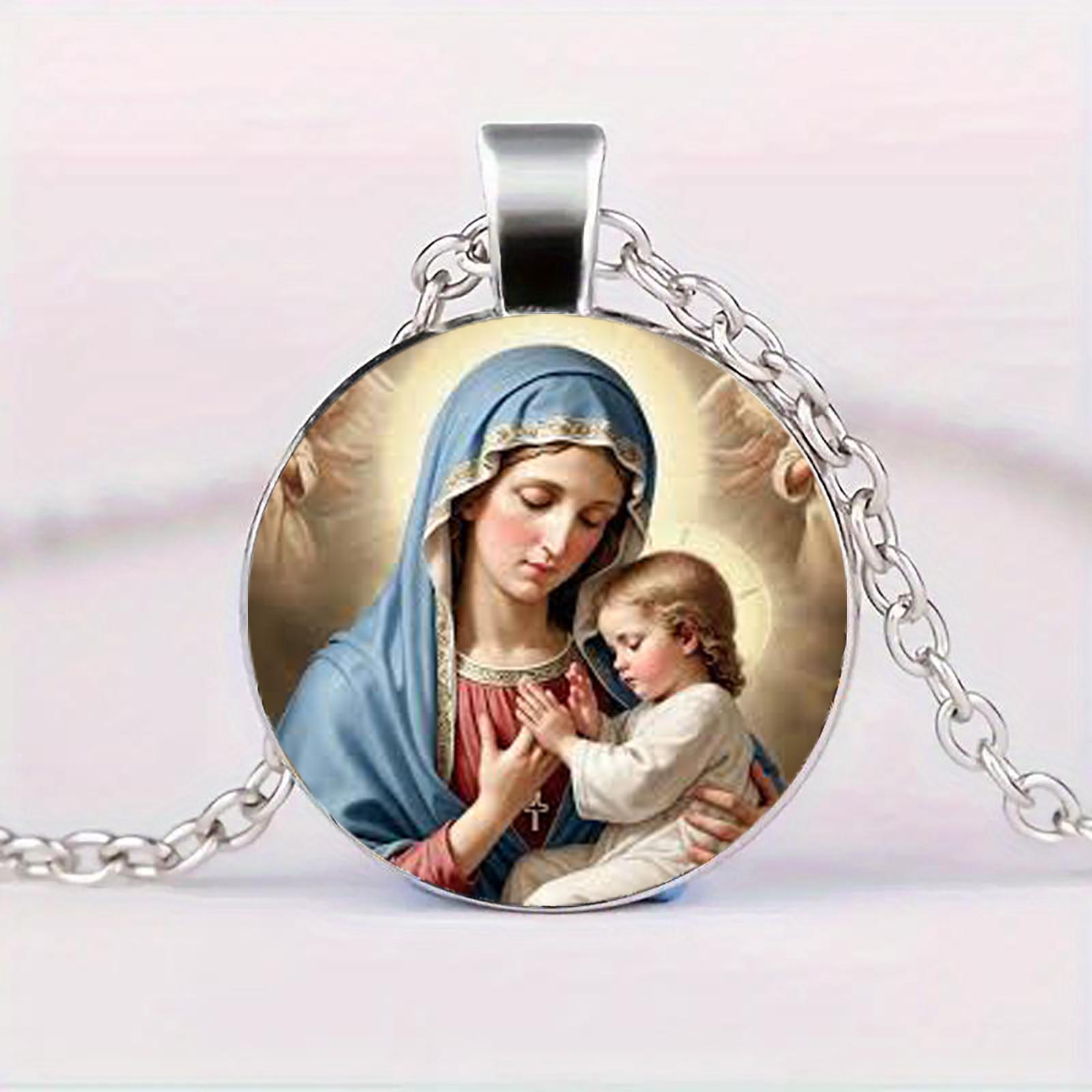 

A Glass Pendant Depicting The Virgin Mary Holding The Infant Jesus Christ, A Christian Jewelry Necklace