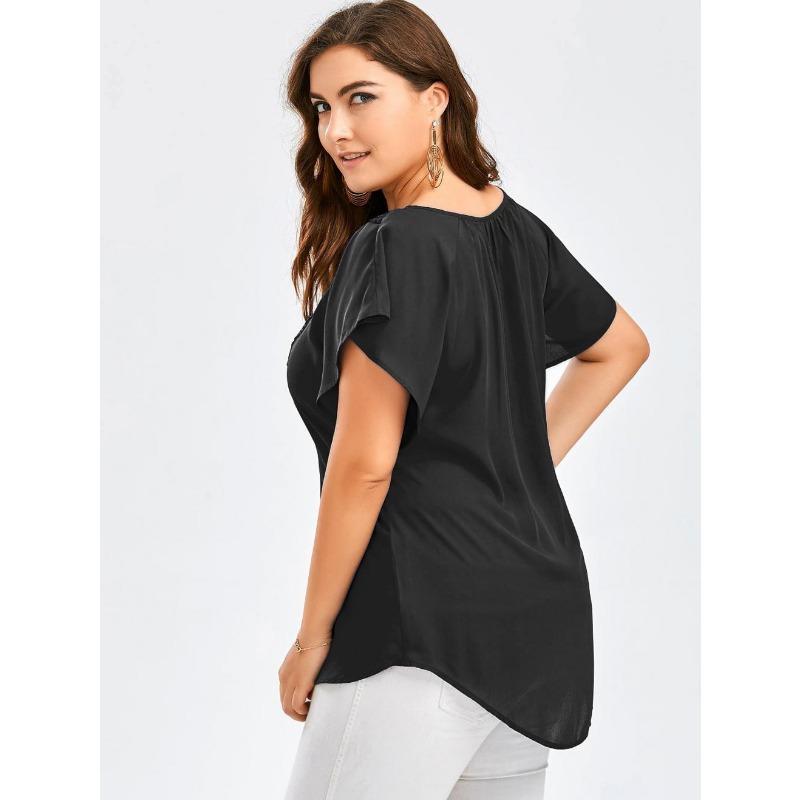 Lace V Neck Loose Women Blouse Large Size Lace-up Short Sleeve Shirts Ladies Solid Color Loose Sweet Office Elegant Fashion Simple Clothing