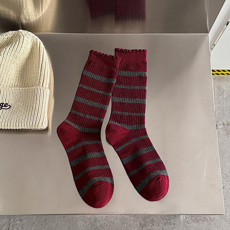 Ankela Red Socks Women's Mid-calf Wine Red Autumn and Spring Collection Red Pile Socks Polka Dot Angola Red