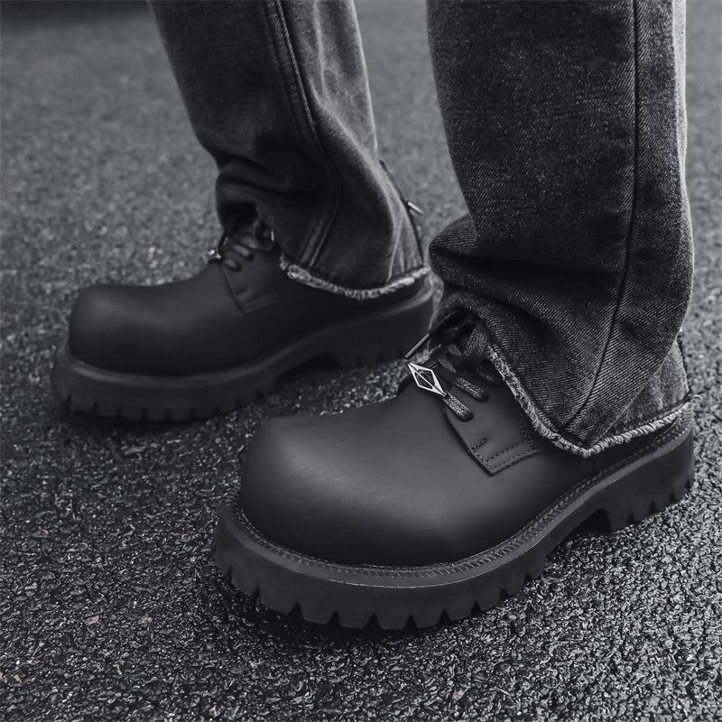Pure black retro big head leather shoes men's 2024 spring thick sole heightening derby shoes trendy 1029-J