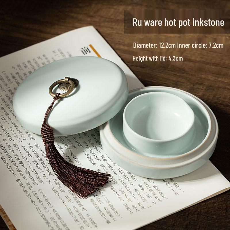 Ru Kiln Celadon Inkstone: Double Circle Inkwell with Lid, Anti-Dry Calligraphy Ink Dish, Antique Ink Box.