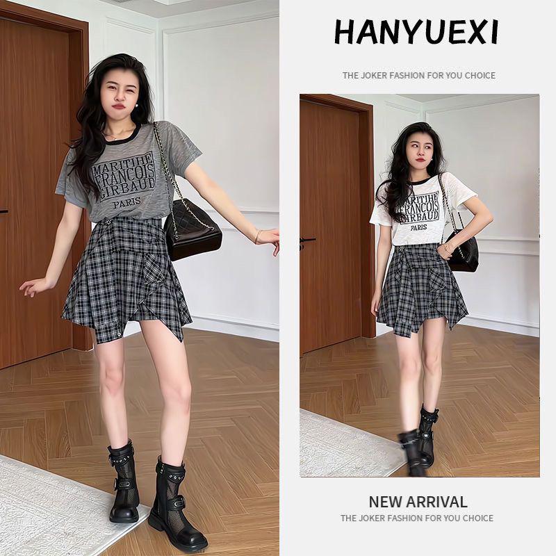 2026 Summer Irregular Plaid Culottes & Loose Short Sleeve T-Shirt Set