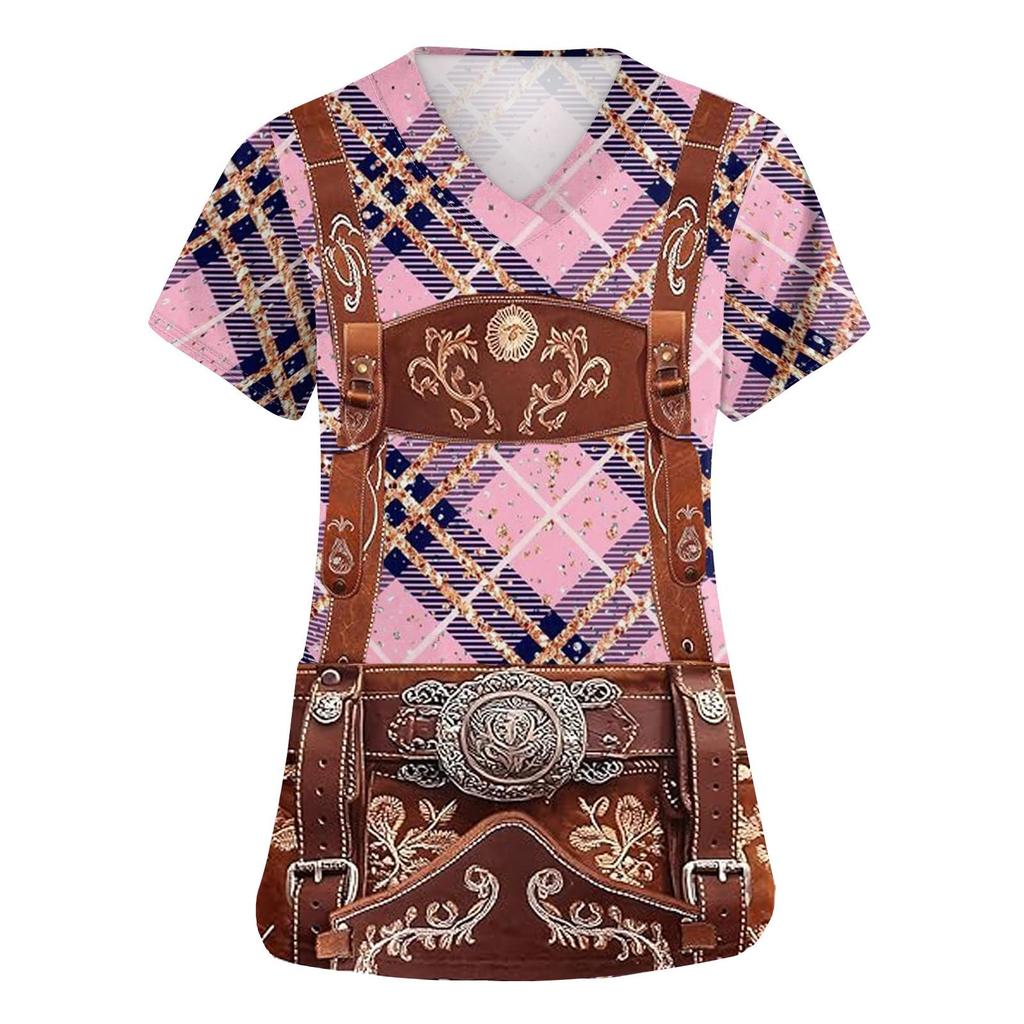 Women's V Neck Short Sleeve Work Shirt with Pockets Oktoberfest Print Top Nursing Uniform Comfortable Fit Durable Material