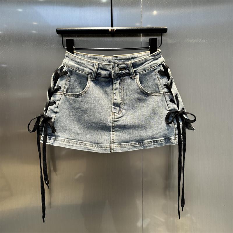 Niche Design Sense Straps Spice Girl Hip Skirt Women's Autumn American Retro High Street Leopard Print Denim Skirt Tide