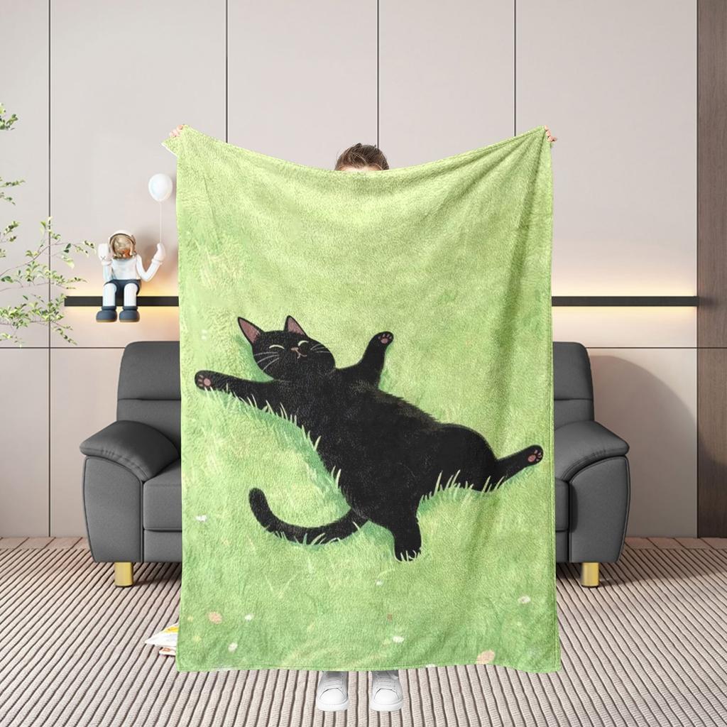 1pc. Cozy Lawn Little Black Cat Flannel Leisure Blanket - Fluffy, Soft, and Snuggly for Warmth, Featuring a Fresh Green Grass Base with a Cute Black C