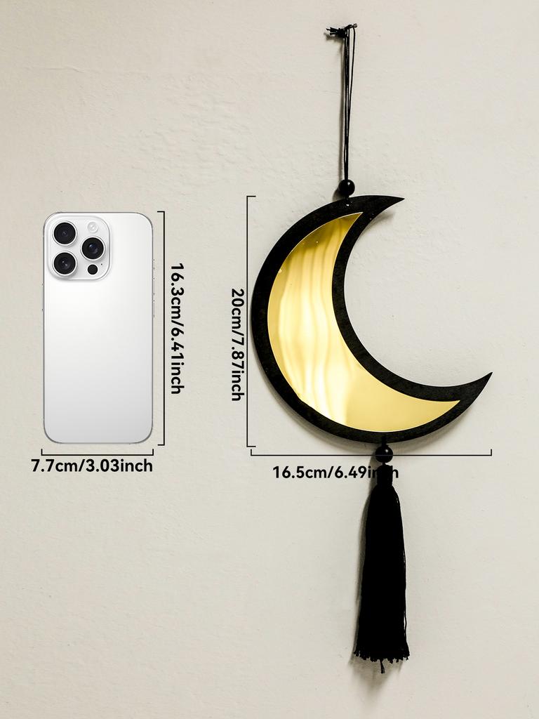 1pc Ramadan Moon Star Golden Mirror Wall Decor,Black Tassel Hanging Ornaments,Islamic Festive Home Decor for Ramadan & Eid Gifts