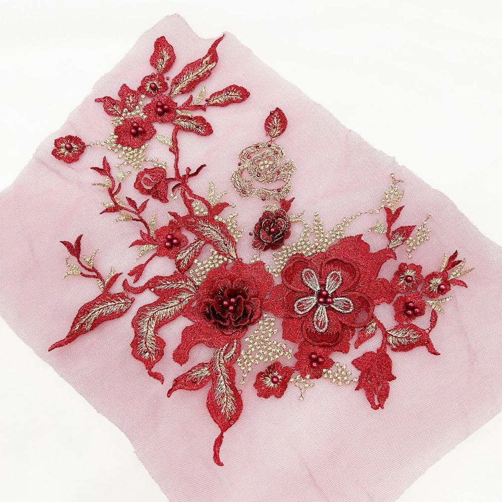 Colorful Sequined Sewing On Patches Flower Lace Beaded Lace Applique  Bridal Dress