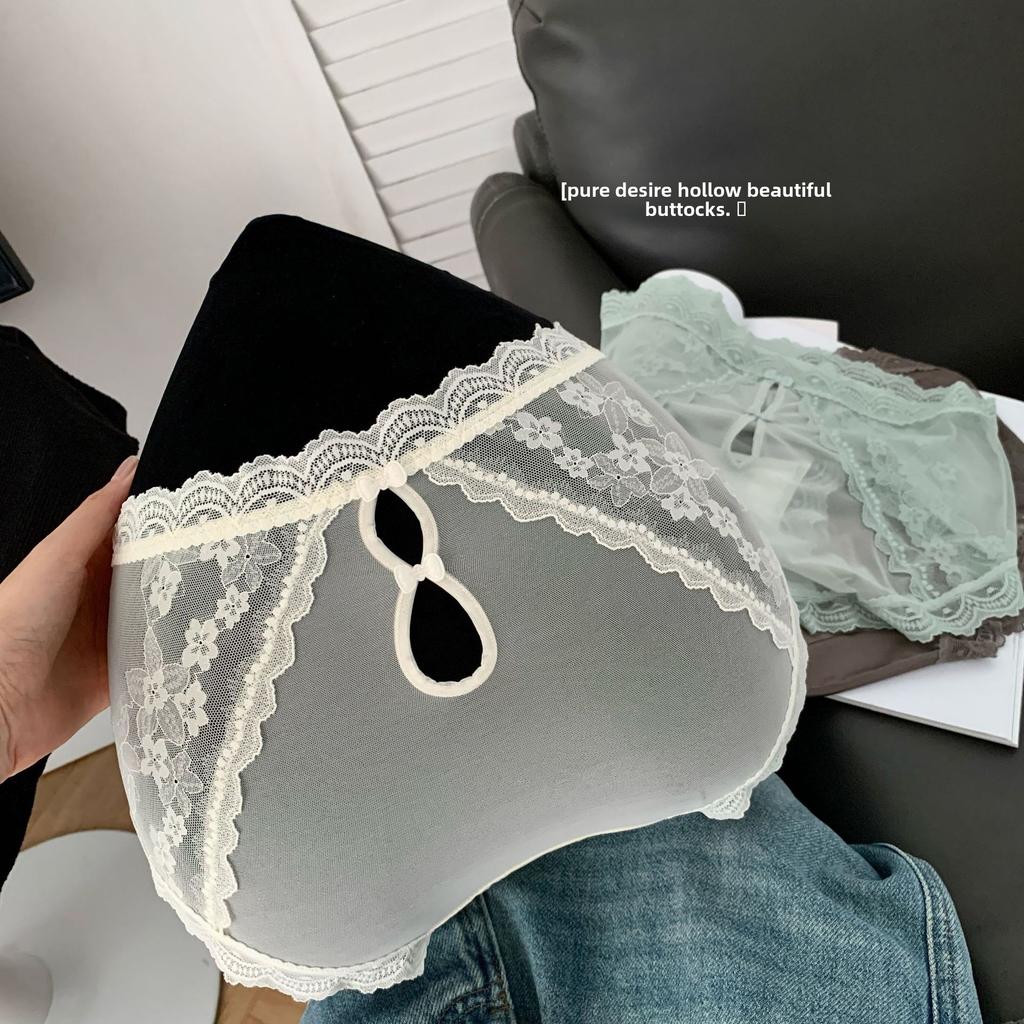 Ladies Summer Light Luxury Satin Hollow Lace Hip Ice Silk Quick Dry Middle Waist Triangle Briefs