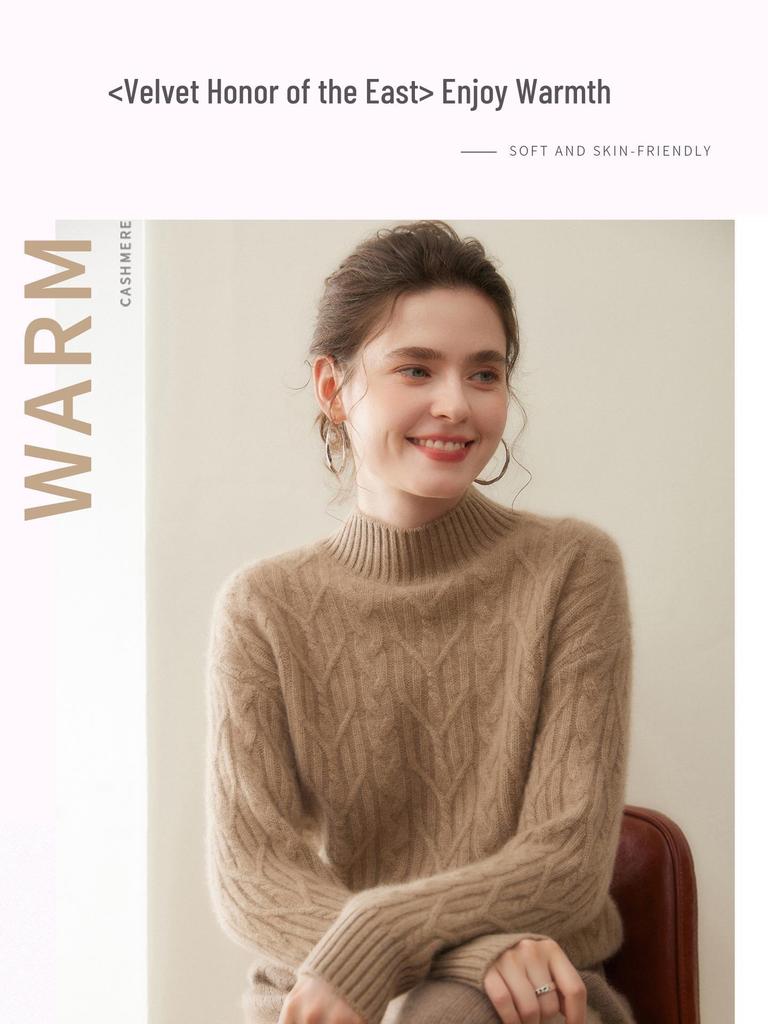 Women's Thickened Half-High Neck Cable Knit Cashmere Sweater - Soft, Versatile Autumn/Winter Pullover
