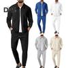 2Pcs/Set Men Autumn Suit Lapel Long Sleeve Zipper Placket Cardigan Elastic Drawstring Waist Long Pants Set Waffle Texture Casual Outfit