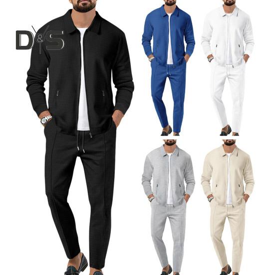 2Pcs/Set Men Autumn Suit Lapel Long Sleeve Zipper Placket Cardigan Elastic Drawstring Waist Long Pants Set Waffle Texture Casual Outfit