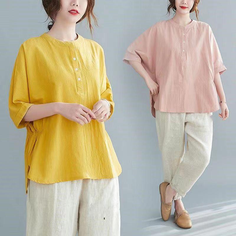 Plus Size Summer Cotton Linen Short-Sleeve Set for Middle-Aged Women - Fashionable Casual Two-Piece Outfit