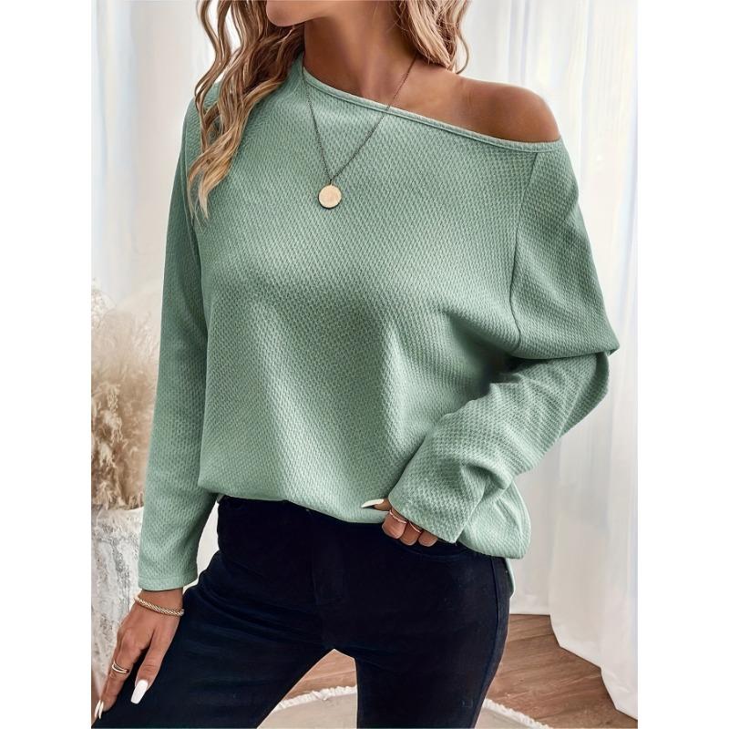 Women S Waffle Knit Off Shoulder Long Sleeve Pullover Top